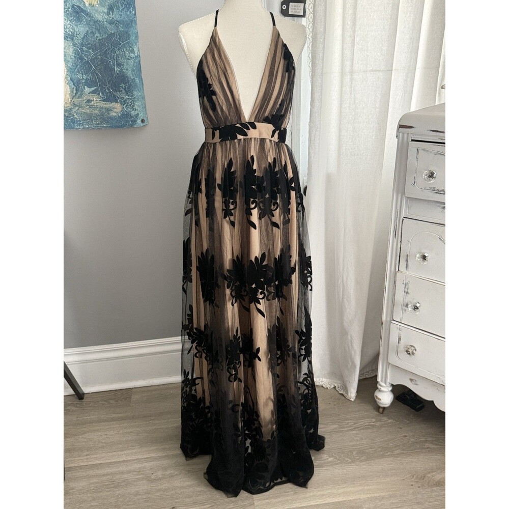 LUXEL S Black Nude Flocked Mesh Maxi Gown Plunge Open Back Formal Dress
